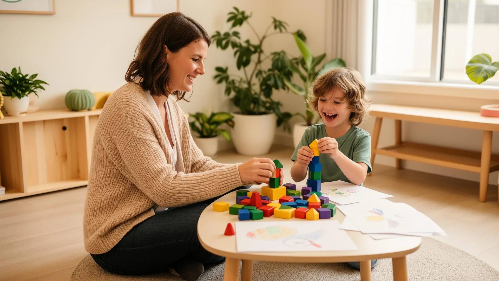 TLK Care psychologist providing play based therapy for a child in a calm therapy room.